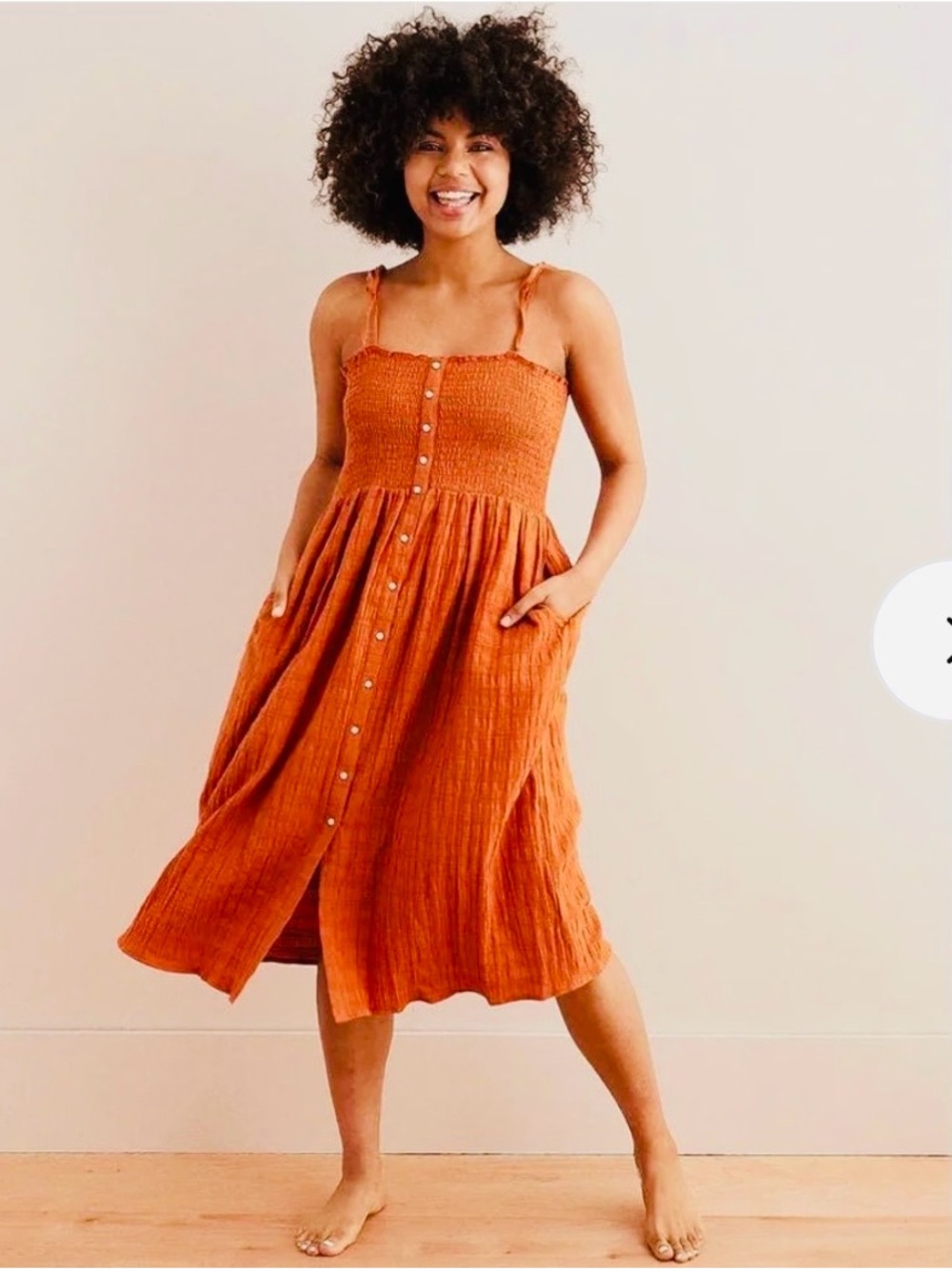 Preloved - Aerie Smocked Button Midi Dress in Orange